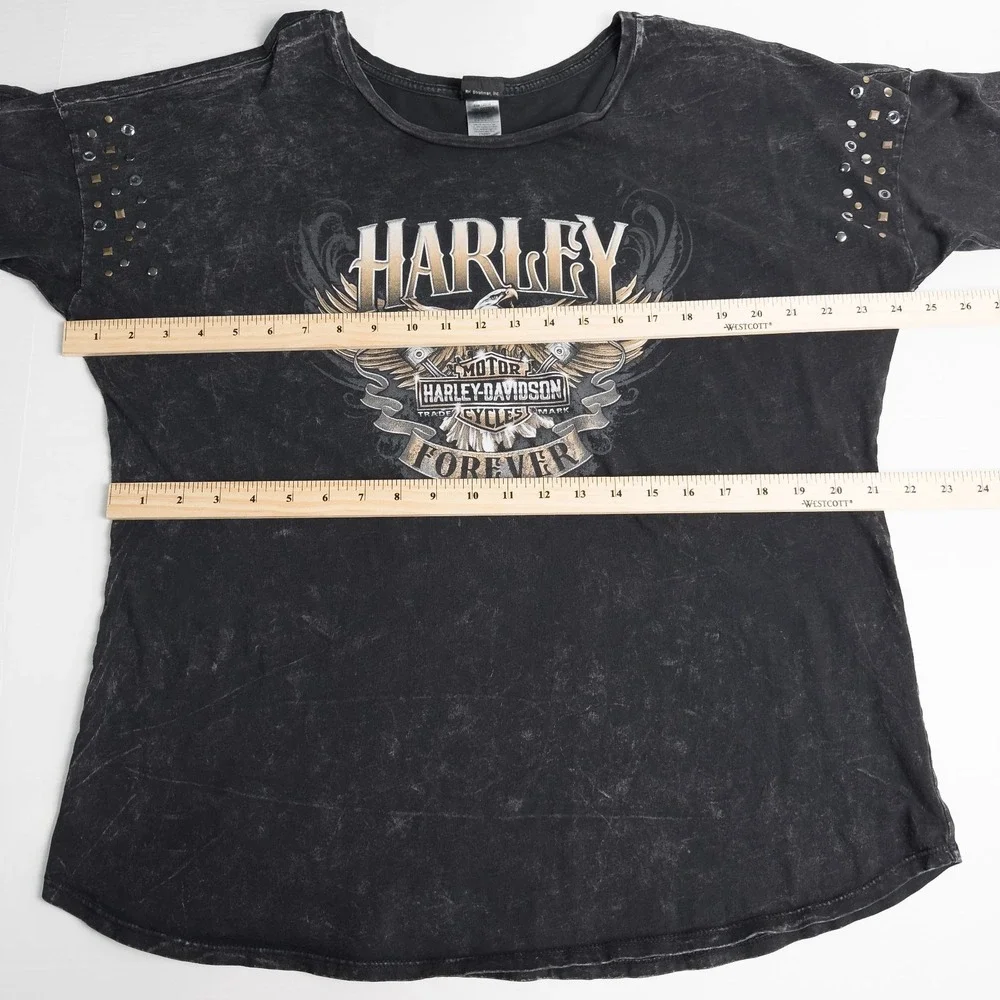 Harley Davidson Womens XL Marquette MI Forever Bald Eagle Studded 3/4 Sleeve Top - Picture 3 of 16
